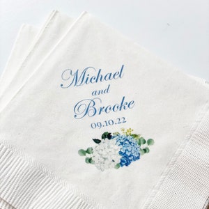 Blue Hydrangea Monogram Wedding Birthday Cocktail Beverage Napkins Dusty Blue Hydrangea Elizabeth Collection TPC9001