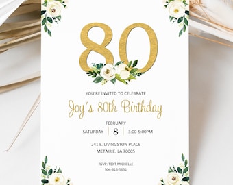 Birthday Invitation Printed Milestone - 80th Birthday Adult Birthday, Anniversary, ANY event White Floral Gold Isabella Collection TPC9098