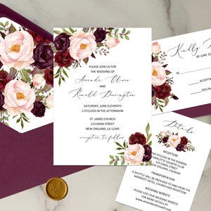 Burgundy and Blush Wedding Invitations Wedding Suite Engagement Party Couples Shower Rehearsal Burgundy and Blush Marsala Collection TPC9011