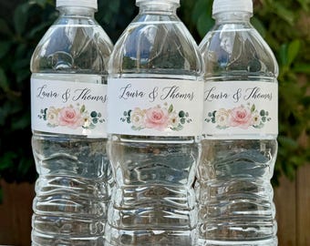 Rose Wedding Water Labels Printed Engagement Party Rehearsal Dinner Birthday - Sage and Blush Roses Laura Collection TPC9109
