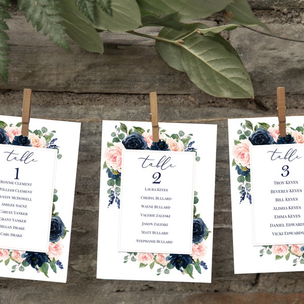 Navy and Blush Wedding Seating Chart Cards 5x7" Printed - Navy and Blush Amelia Collection TPC9006