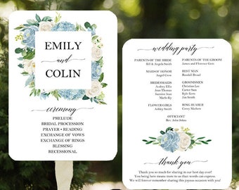 Blue and Ivory Wedding Program Fans Assembled - Dusty Blue Steel Blue - Steel Blue Dusty Blue Camille Collection TPC9007