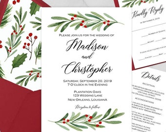 Christmas Holly Wedding Invitations Wedding Invitation Suite Engagement Party Couples Shower Rehearsal - Holly Berry Collection TPC9014