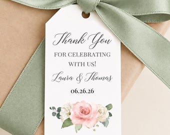 Printed Thank You Tags Wedding Shower Favors, Corporate Gifts, Shower Engagement Hang Tags Sage and Blush Roses Laura Collection TPC9109