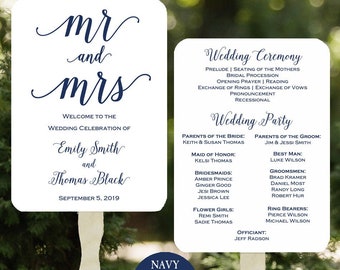 Navy Wedding Program Fans Mr and Mrs Assembled Mr and Mrs Navy Collection