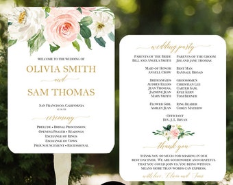 Wedding Program Fans Blush Assembled  - Roses and Gold Collection