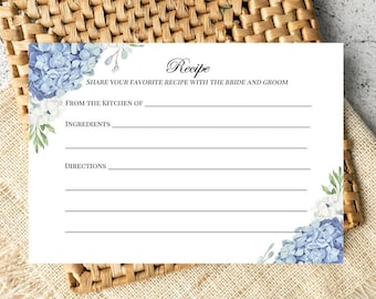 Blue Hydrangea Recipe Card PRINTED (Order 25 or more) Bridal Shower Printed Birthday - Dusty Blue Hydrangea Elizabeth Collection TPC9001