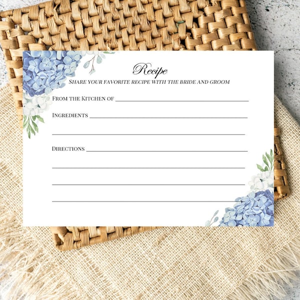 Blue Hydrangea Recipe Card PRINTED  (Order 25+) Bridal Shower Printed Birthday - Dusty Blue Hydrangea Elizabeth Collection TPC9001