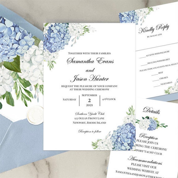 Blue Wedding Invitations Invitation Suite Set Dusty Blue Hydrangea