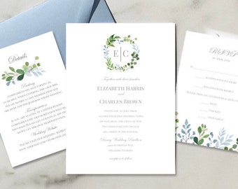 Greenery and Blue Wedding Invitations Invitation Suite Engagement Shower Rehearsal - Grand Garden Collection TPC9060