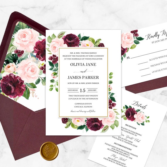 Burgundy and Blush Wedding Invitations Wedding Suite Engagement Party Couples Shower Rehearsal - Burgundy and Blush Olivia Collection Il_570xn