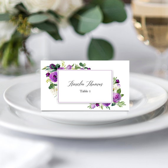 Wedding Escort Cards Place Cards Tented or Flat Wedding Birthday Personalized Printed - Elegant Floral in Purple Collection Il_570xn
