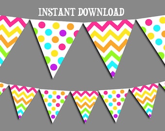 Banner imprimible - Banderines de lunares y chevrones brillantes - Descarga instantánea