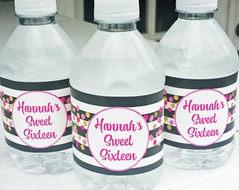 Personalized Sweet 16 or ANY Wording Water Bottle Labels Wraps - Girl's Confetti Collection