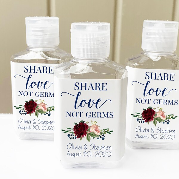 Hand Sanitizer Bottles (Empty) and or Labels Wedding Favor Bottles Personalized Covid Wedding Navy Burgundy Blush Chloe Collection TPC9018