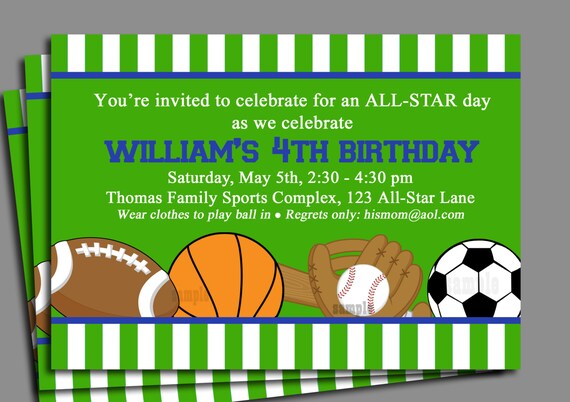 All Star Sports Invitation Printable or Printed With FREE SHIPPING