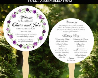 Purple Wedding Program Fans Assembled - 50 or more - Elegant Greenery Circle - Elegant Floral in Purple Jessica Collection TPC9023