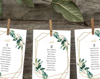 Greenery and Gold Wedding Seating Chart Cards 5x7" Printed - Geometric Gold Greenery Collection TPC9015