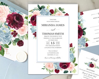 Blue Burgundy Red and Blush Wedding Invitations Suite Printed Engagement Shower Rehearsal - Floral Miranda Collection TPC9022