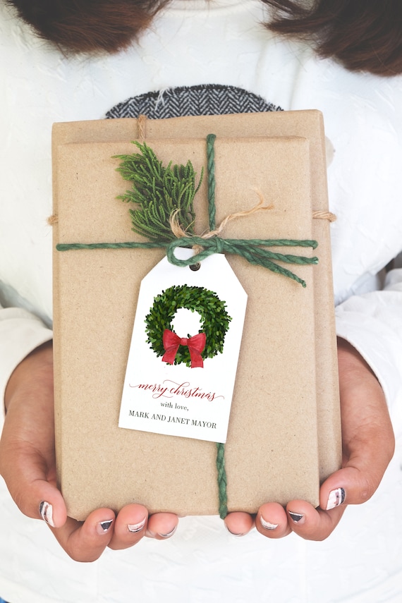 Personalized Christmas Wreath Gift Tags Printable or Printed with FREE SHIPPING Christmas Gift Tags, Personalized Christmas Tags Boxwood Bow Il_570xn