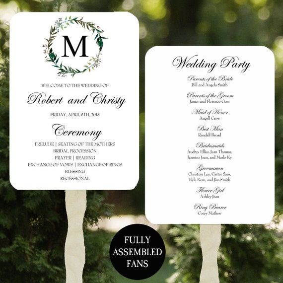 Wedding Program Fans Printable or Printed/Assembled with FREE Shipping - Monogram Greenery Wreath Collection Il_570xn