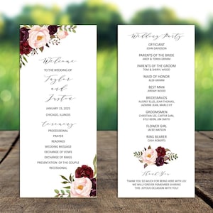 May include: Wedding ceremony program with burgundy and blush floral design. The program includes the names of the bride and groom, "Taylor and Justin", the date and location of the ceremony, and a list of the ceremony events. The wedding party information is on a separate page with burgundy and blush floral design. The information includes the officiant, parents of the bride and groom, maid of honor, best man, bridesmaids, groomsmen, flower girl, and ring bearer.