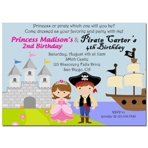 Pirate and Princess Invitation Printable or Printed with FREE SHIPPING - You Pick Hair Style/Color and Skin Tone