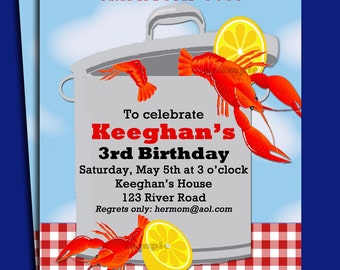 May include: A red and white checkered tablecloth with a silver pot with a red crawfish and a lemon slice on top. The text "You're invited to a Crawfish Boil" is at the top of the invitation. The text "To celebrate Keeghan's 3rd Birthday" is in the middle of the invitation. The text "Saturday, May 5th at 3 o'clock Keeghan's House 123 River Road Regrets only: hermom@aol.com" is at the bottom of the invitation.