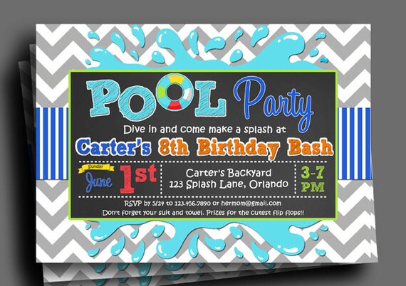 Pool Party Splash Bash Invitation Printable or Printed with FREE SHIPPING - Pool Party, Water Slide - Splash Chalkboard Collection Il_570xn