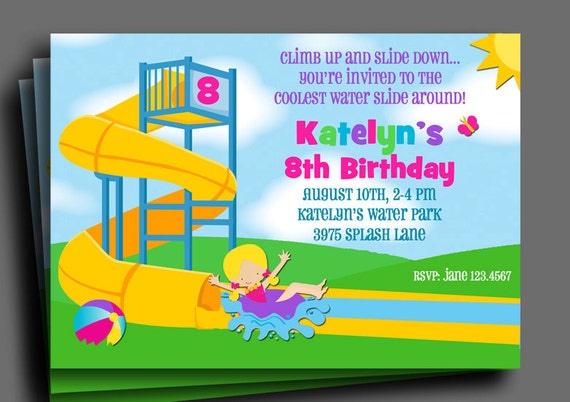 Girls Water Park Invitation Printable or Printed with FREE SHIPPING - You Pick Hair Color/Skin Tone - Twisty Waterslide Collection Il_570xn