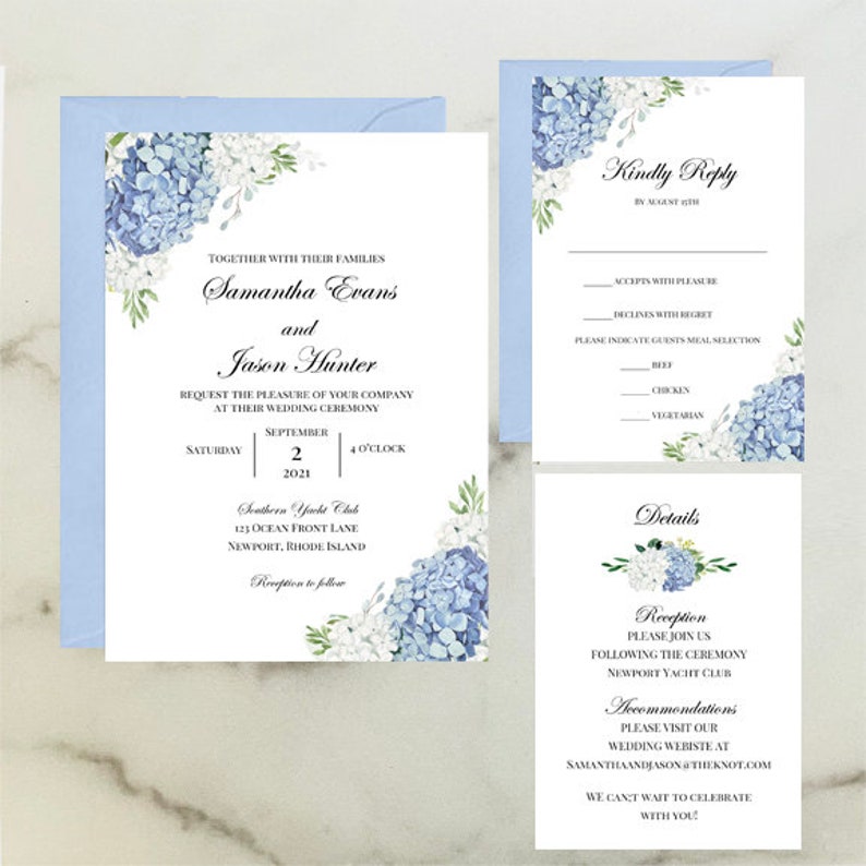 Blue Wedding Invitations Invitation Suite Set Dusty Blue Hydrangea Elizabeth Collection TPC9001 image 3