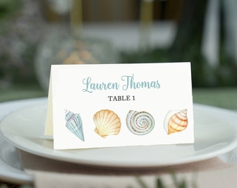 Seashell Place Cards Tented or Flat Wedding Bridal Shower Personalized Printed Tropical Island Destination Tropical Glam Wedding Stationery