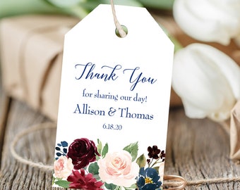 Personalized Thank You Tag, Wedding Thank You Tags, Corporate Gifts Printed Navy Burgundy Blush Chloe Collection TPC9018