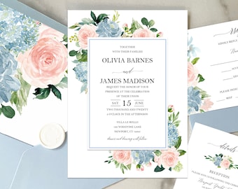 Blue and Blush Wedding Invitations Suite Engagement Party Couples Shower Rehearsal Blush and Blue Floral Vivienne Collection TPC9035