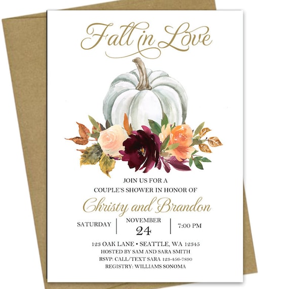 Fall in Love Pumpkin Invitation Printed Wedding Engagement Party, Rehearsal Dinner, Couples Shower Fall in Love Collection TPC9020