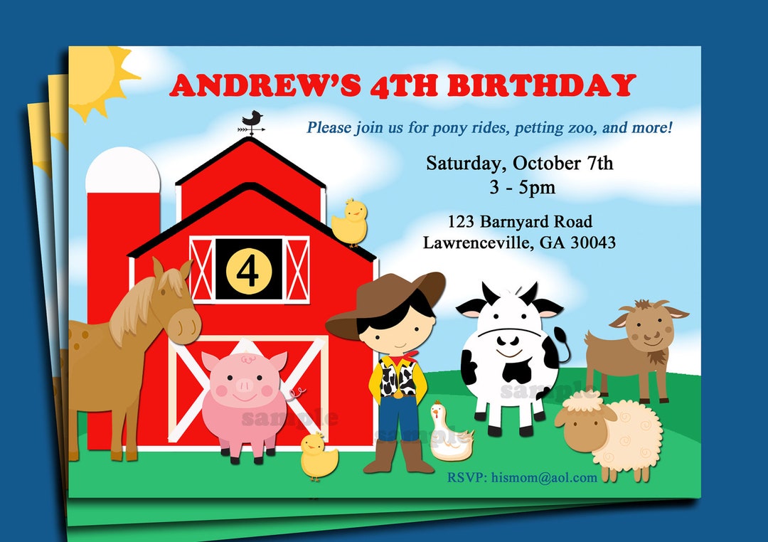 barnyard-animal-farm-birthday-invitation-printable-or-printed-with-free-shipping-petting-zoo-cowboy-you-pick-hair-color-skin-tone-etsy
