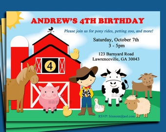 Barnyard Animal Farm Birthday Invitation Printable or Printed with FREE SHIPPING - Petting Zoo, Cowboy - You Pick Hair Color/ Skin Tone