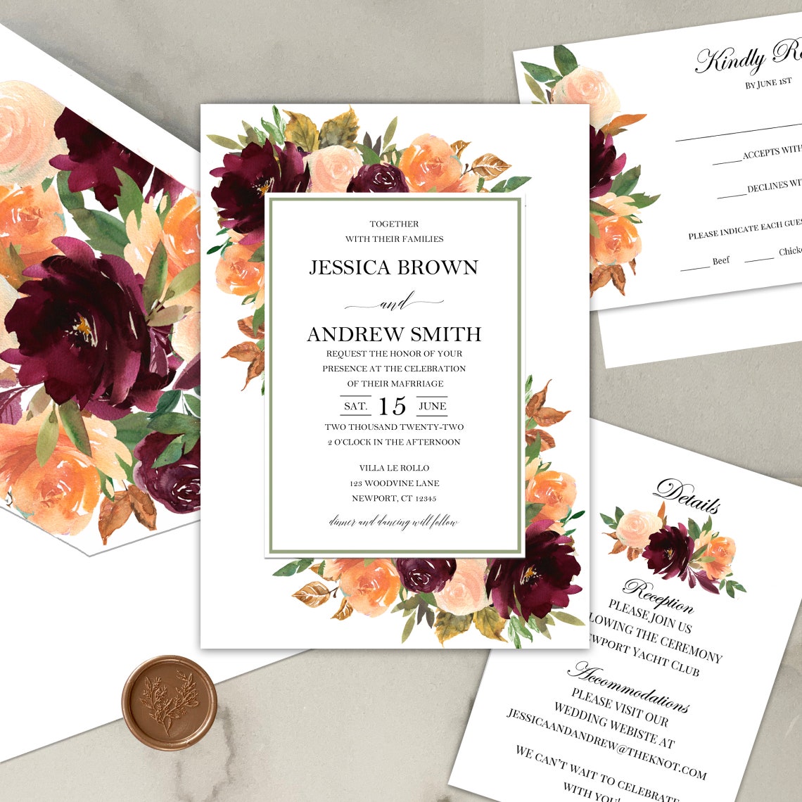 Fall Burgundy Orange Copper Wedding Invitations Wedding Suite image 1