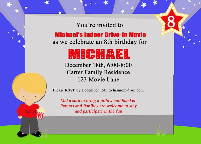 Outdoor Movie Party Invitation Printable Drive in Movie, Outdoor Theater, Movie Party Pick Hair Color/Skin Tone image 2