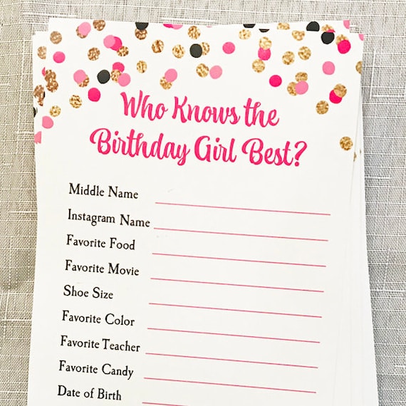 Who Knows Birthday Girl Best Party Game Printed ANY Wording - Etsy