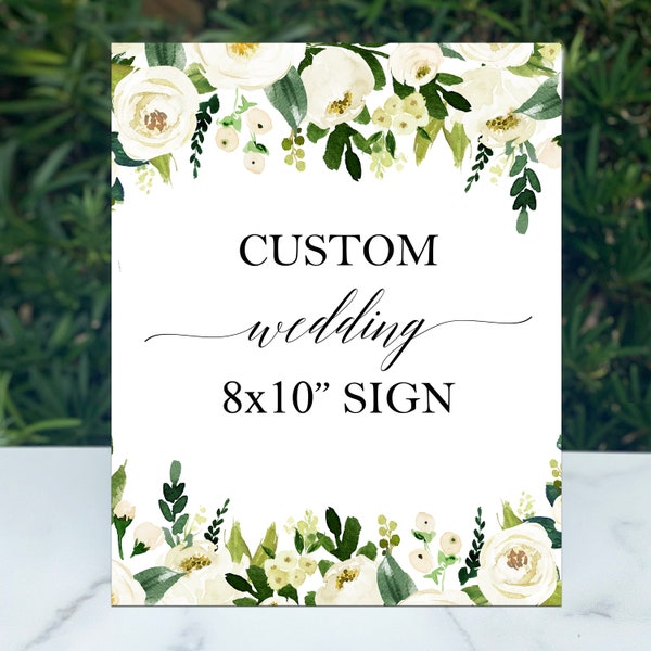 Printed White Floral Greeenery Wedding 8x10" Sign Poster or Foam Board Shower - Elegant White Floral Isabella Collection TPC9004