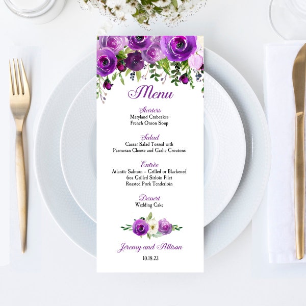 Purple Wedding Menu Rehearsal Dinner Menu Birthday Graduation Rehearsal Dinner Printed - ANY Wording - Purple Jessica Collection TPC9023