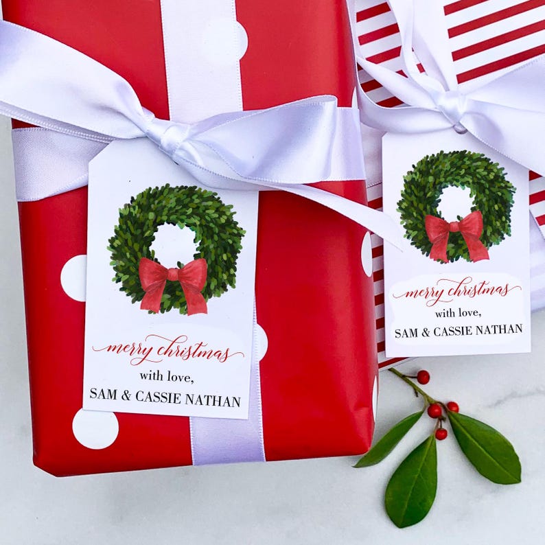 PRINTED Christmas Gift Tags Personalized Red Boxwood Bow Corporate Gift ...