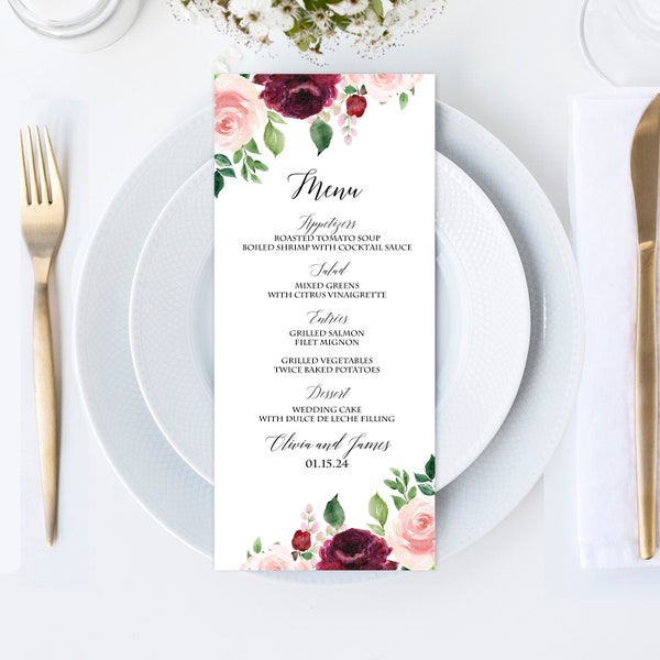 Menu Wedding Rehearsal Dinner Menu Birthday Graduation Rehearsal Dinner Printed - ANY Wording Burgundy and Blush Olivia Collection TPC9010