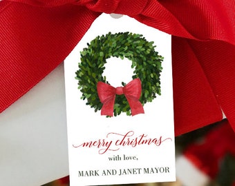 PRINTED Christmas Gift Tags Personalized Red Boxwood Bow Corporate Gift Custom Hostess Gift Everyday Wedding Shower Thank you