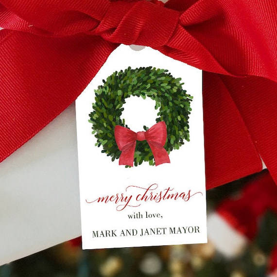 Personalized Christmas Wreath Gift Tags Printable or Printed with FREE SHIPPING Christmas Gift Tags, Personalized Christmas Tags Boxwood Bow Il_570xn