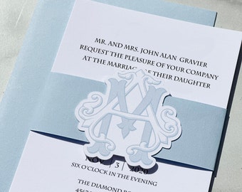 Your Logo or Monogram SET OF 10 Tags Wedding Belly Band  Contour Cut for Wedding Invitations Wrap Suite Blue