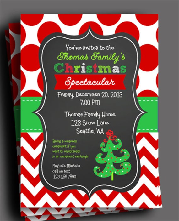 Christmas Invitation Printable or Printed with FREE SHIPPING - Red Polka Dot Chevron - Funky Tree Collection