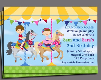 Sibling Carousel Birthday Invitation Printable or Printed with FREE SHIPPING - You Pick Hair Color/Skin Tone - Merry Go Round or Playground