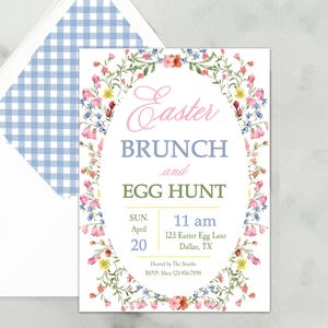 May include: An Easter brunch and egg hunt invitation with floral wreath and gingham envelope. The invitation features the text "Easter Brunch and Egg Hunt" with event details. The envelope has a blue and white checkered pattern.